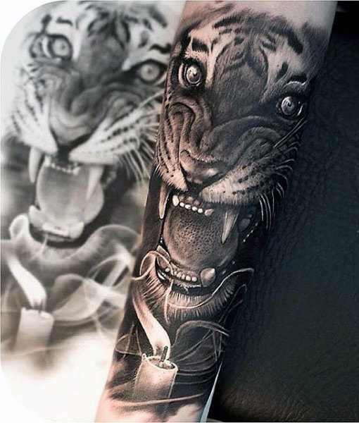 Wonderful Dark Realistic Roaring Tiger Tattoo On Forearm