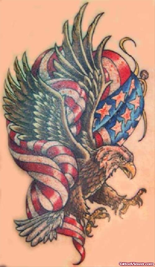 Wonderful Flying Bald Eagle & US Flag Tattoo Design