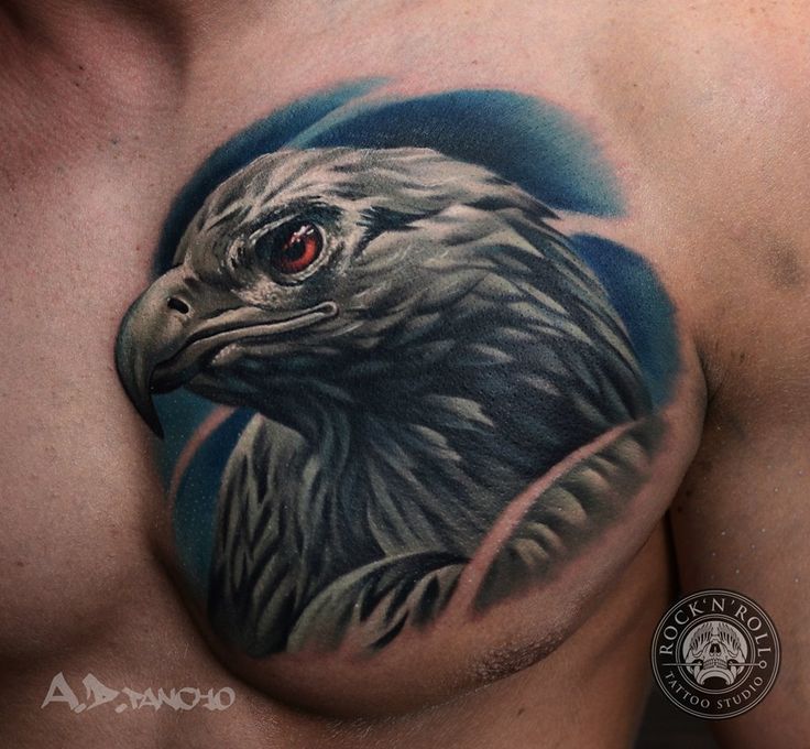 Wonderful Grey Ink Realistic Eagle Head Tattoo Design On Chest For Men By A.D. Pancho