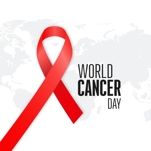 World Cancer Day red ribbon world map in background