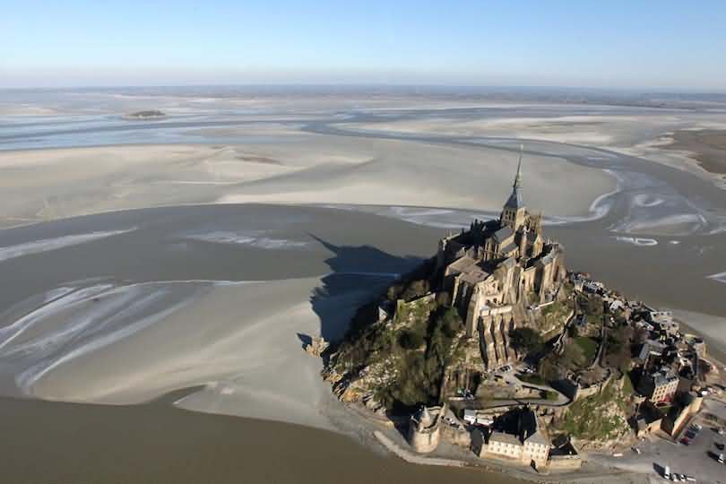 aerial view of Mont Saint-Michel during low tide