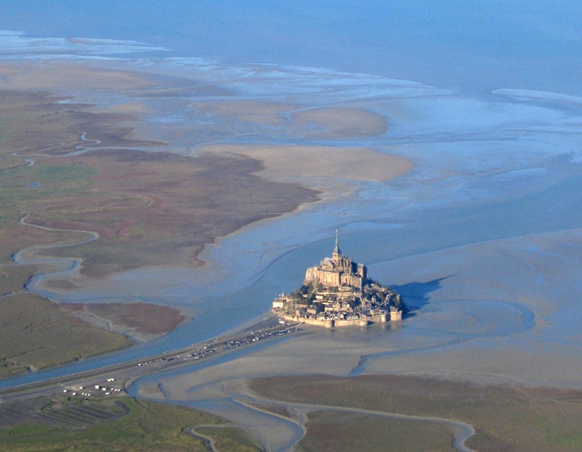 aerial view of the Mont Saint-Michel during low tide