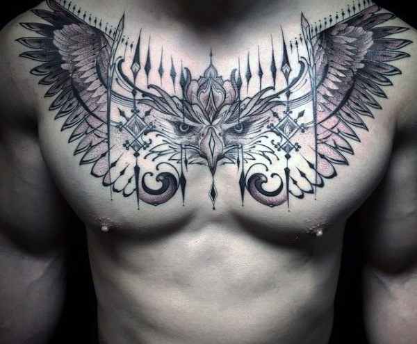 A Very Unique Tattoo On Eagle With Open Wings Tattoo On Chest For Men