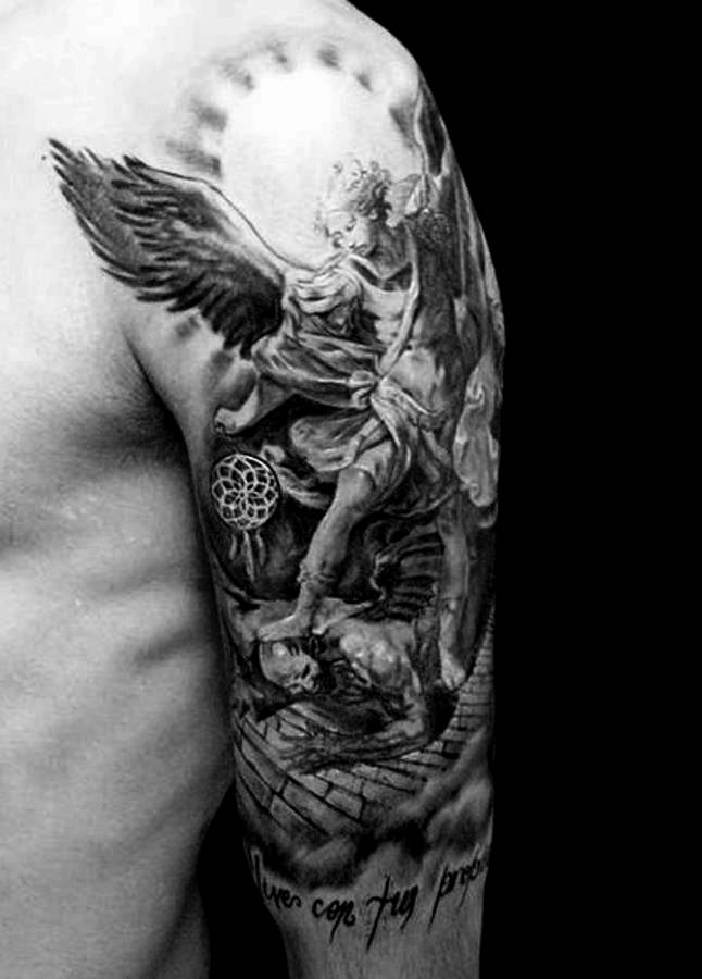 Adorable Black & White Fighting Guardian Angel Tattoo On Half Sleeve