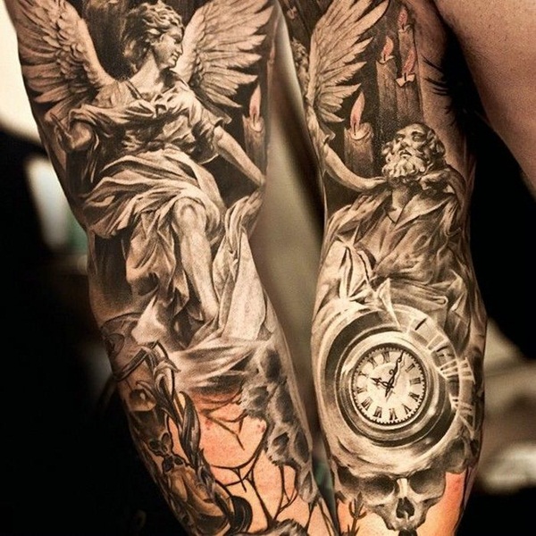 Amazing 3D Black & White Angel Tattoo With Watch On Full Sleeve