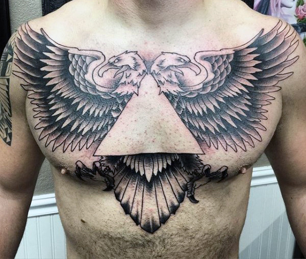 Amazing Bald Eagle Wings With Trangle Tattoo On Chest