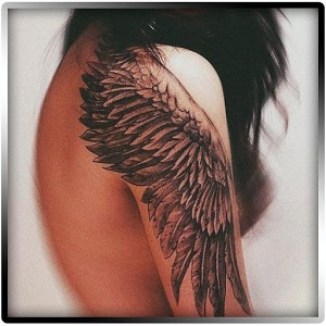 Amazing Black & Grey Ink Angel Wings Tattoo On Girl Shoulder