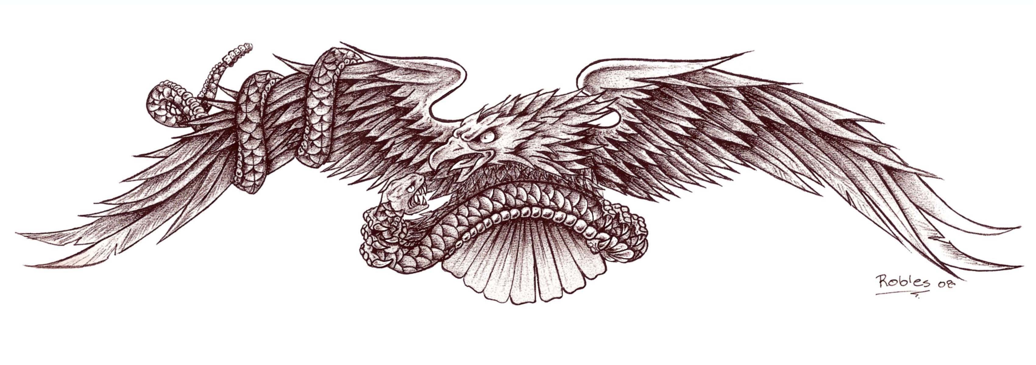 Amazing Black & Grey Ink Eagle & Snake Tattoo Design For Chest Or Back
