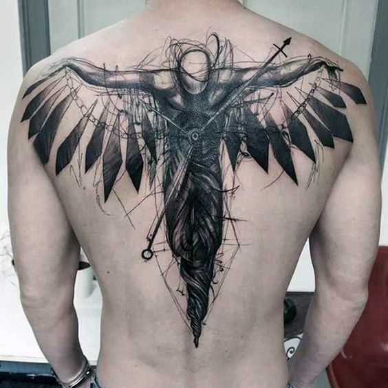 Amazing Black Ink Warrior Guardian Angel Tattoo On Back