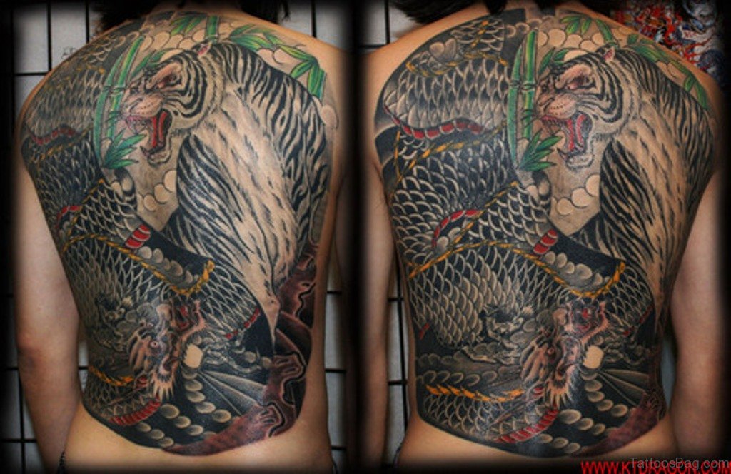 Amazing Dark Tiger & Dragon Tattoo On Male Full Back