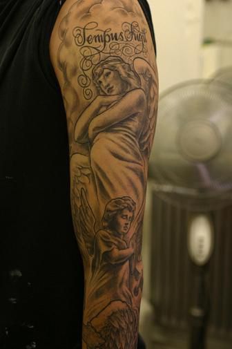 Amazing Full Sleeve Tattoo Of Angel & Cherub