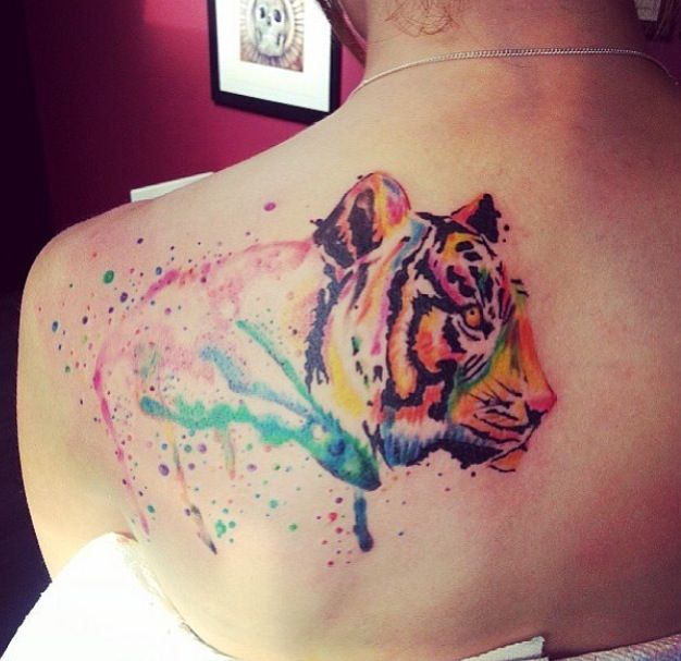 Amazing Girly Multicolored Tiger Head Tattoo On Back Shoulder