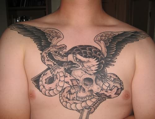 Amazing Grey & Black Ink Eagle & Snake With Skull Tattoo On Chest