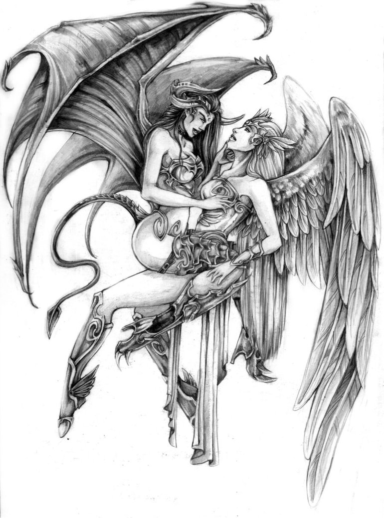 Amazing Grey Ink Angel & Devil Love Tattoo Design