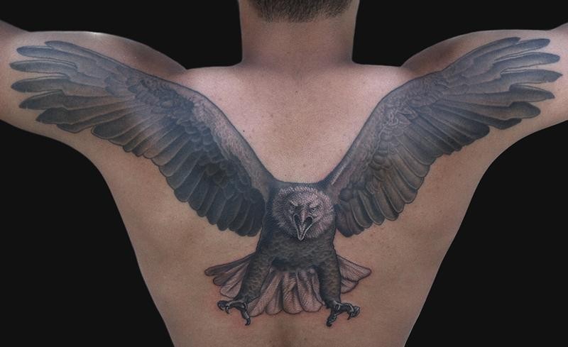 Amazing Grey Ink Attacking Flying Eagle Tattoo On Back and Shoulder For Men