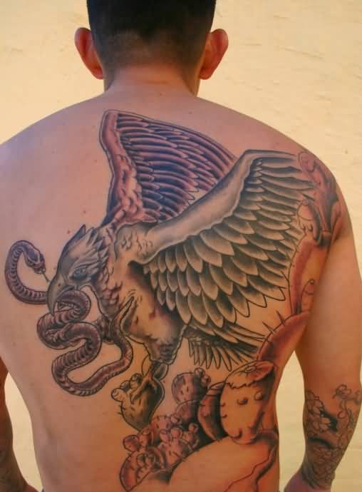 Amazing Grey Ink Eagle & Snake Tattoo On Male Back