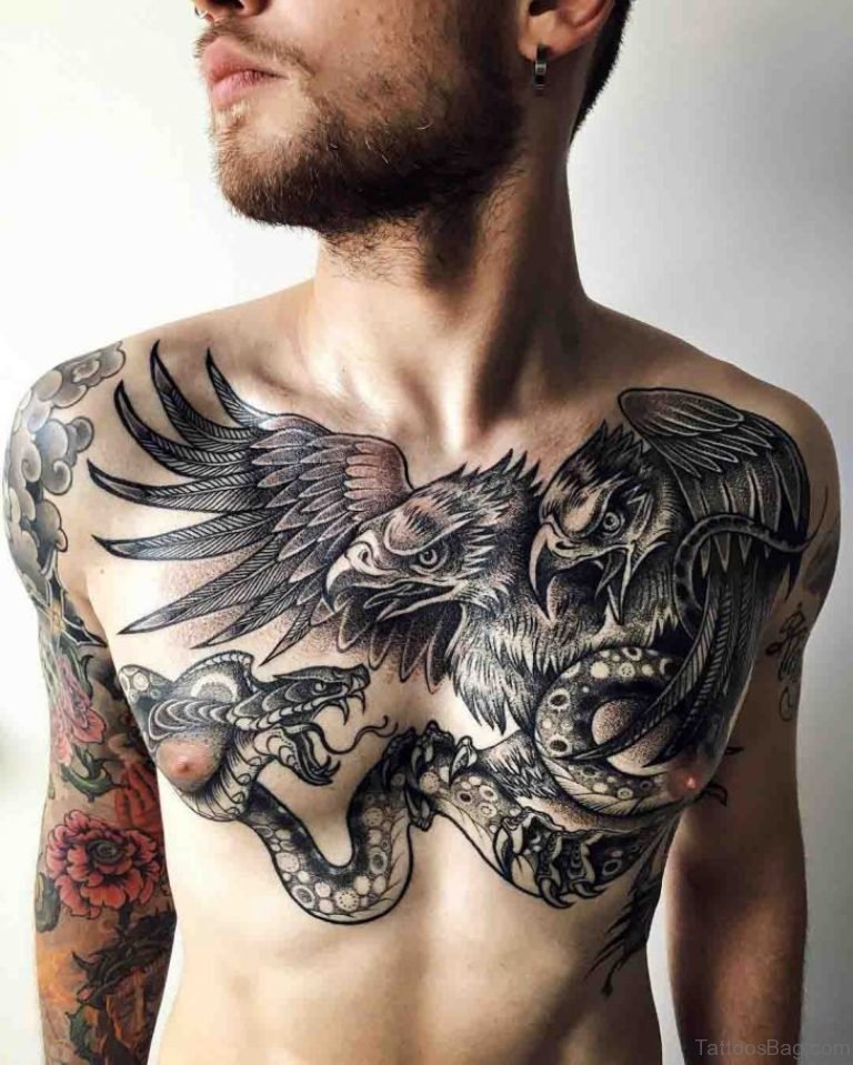 Amazing Grey Ink Eagle Vs Snake Tattoo On Male Chest