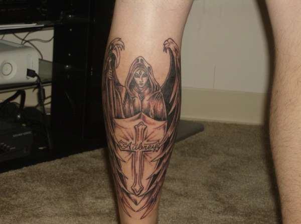 Amazing Grey Ink Female Guardian Angel Tattoo On Leg (Calf)