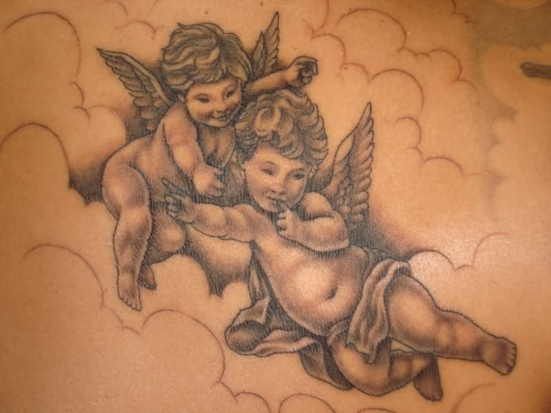 Amazing Grey Ink Two Cherubs In Clouds Tattoo Design