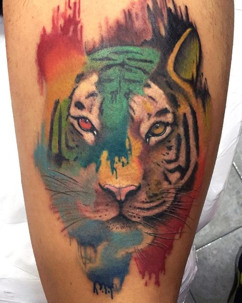 Amazing Multi Colored Tiger Head Tattoo Design