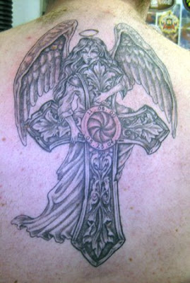 Angel With Celtic Cross Tattoo On Upper Back
