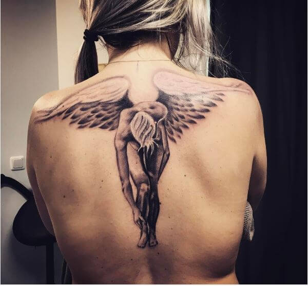 Astonishing Grey Ink Angel Tattoo On Girl Back