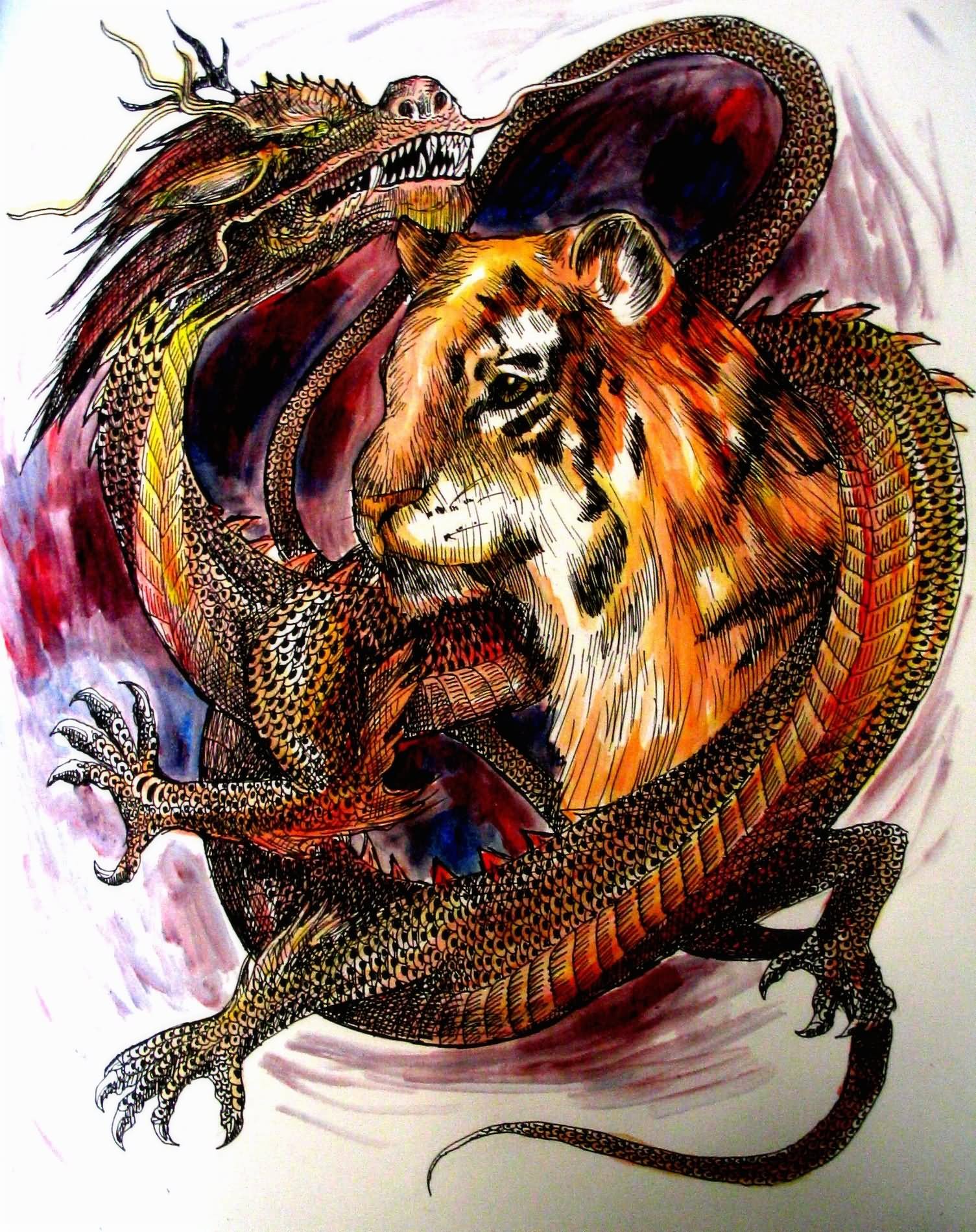Awesome Colorful Dragon & Tiger Tattoo Design