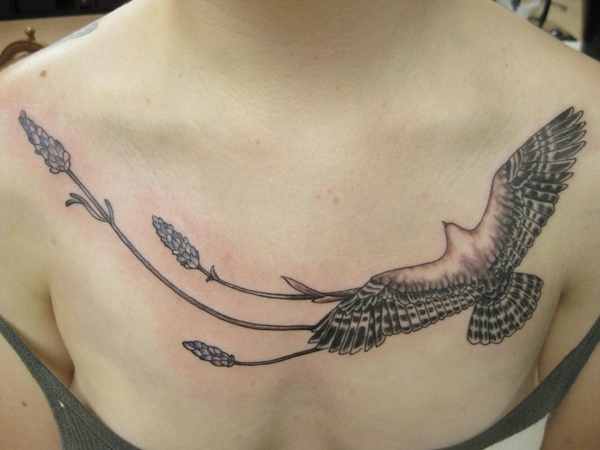 Awesome Grey Ink Flying Eagle Tattoo On Girl Chest