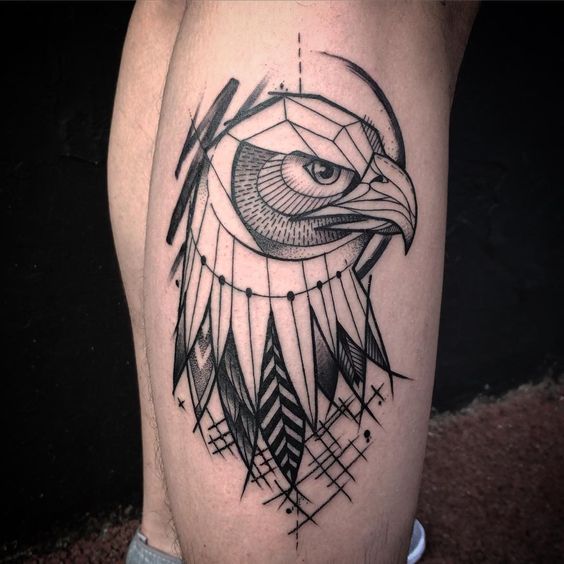 Awesome Grey Ink Geometric Eagle Tattoo On Leg