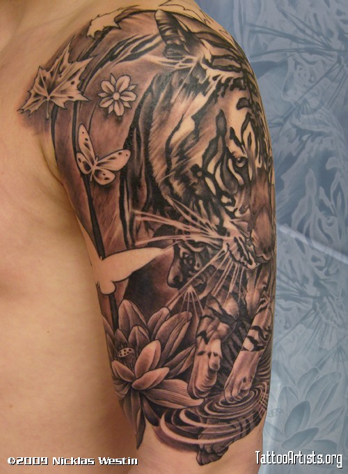 Awesome Grey Ink Realistic Tiger Holding Baby Tiger Tattoo On Half Sleeve
