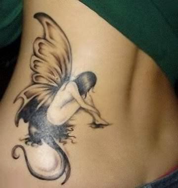 Beautiful Black & Grey Ink Fallen Angel Tattoo On Girl Side Back