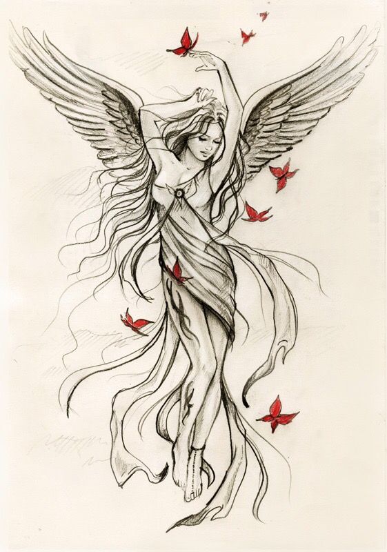 Beautiful Grey Ink Angel Tattoo With Red Butterflies