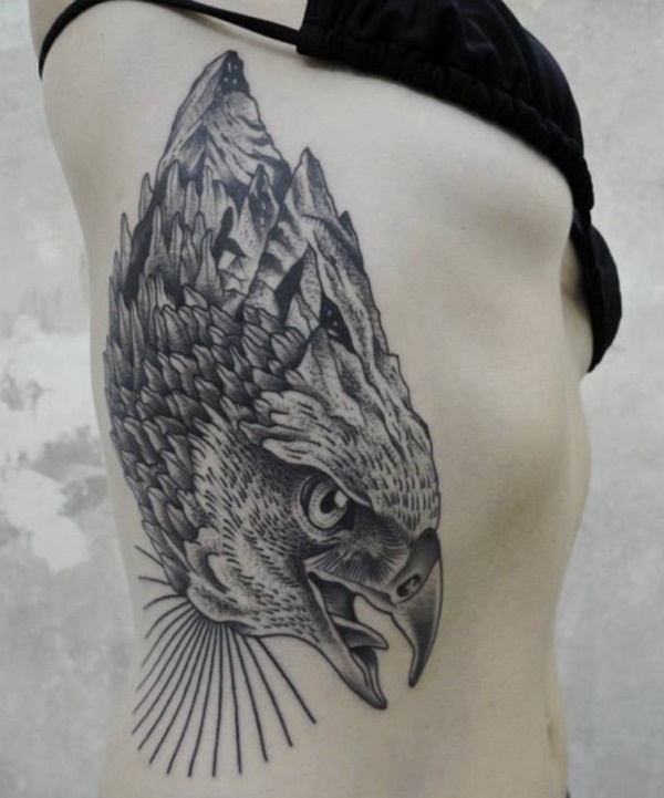 Beautiful Grey Ink Flying Eagle Head & Mountains Composition Tattoo On Girl Siderib
