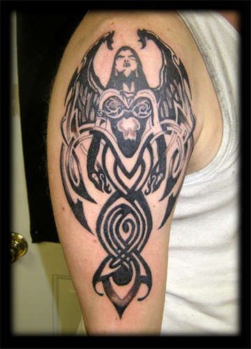 Black Celtic Angel Tattoo On Half Sleeve For Men