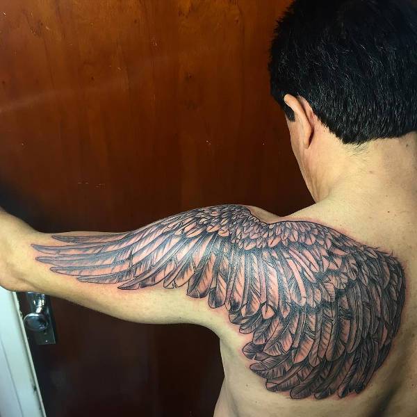 Black & Gyey Ink Eagle Wing Tattoo On Left Back Shoulder & Half Sleeve