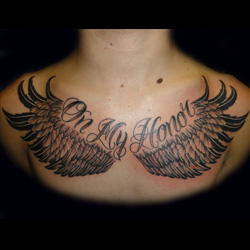 Black & Grey Eagle Wings Tattoo On Chest