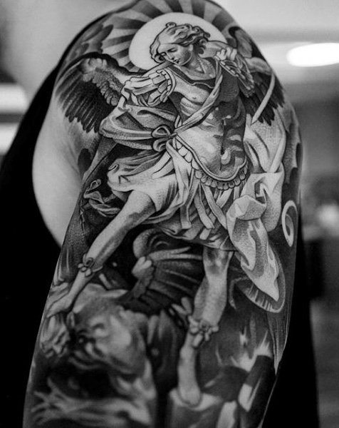 Black & Grey Fighting Archangel Tattoo Design On Half Sleeve