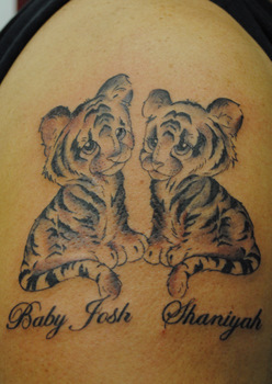 Black & Grey Ink 2 Tiger Cubs Tattoo On Shoulder