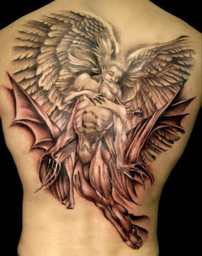 Black & Grey Ink Angel & Devil Kissing Tattoo On Back