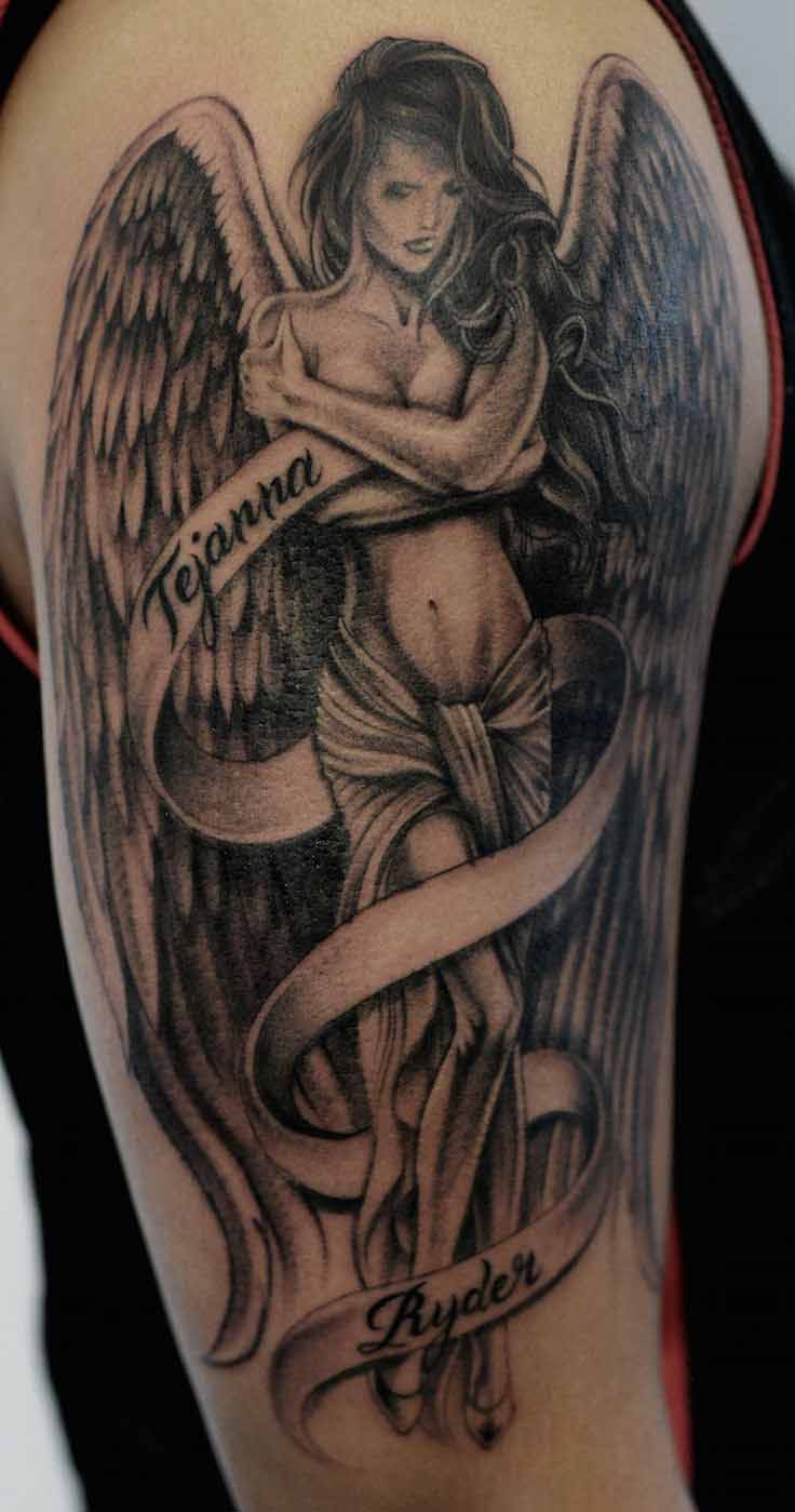 Black & Grey Ink Angel With Banner Tattoo On Half Sleeve