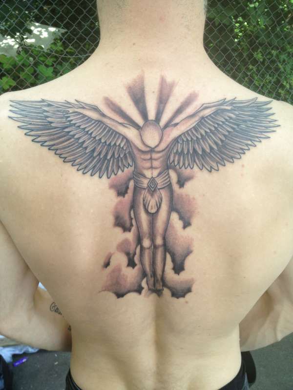 Black & Grey Ink Guardian Angel Tattoo On Back For Men