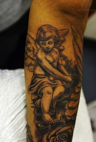 Black & Grey Ink Innocent Cherub With Roses Tattoo On Forearm