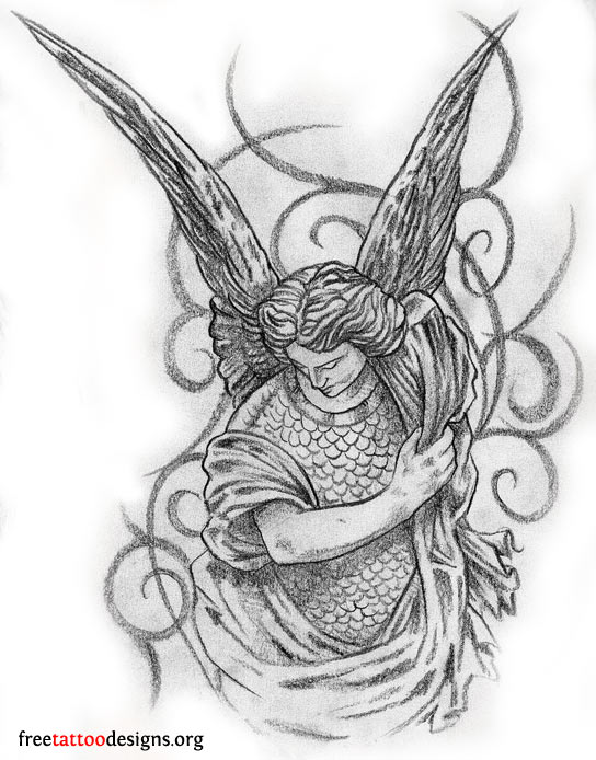 Black & Grey Ink Male Guardian Angel Tattoo Design