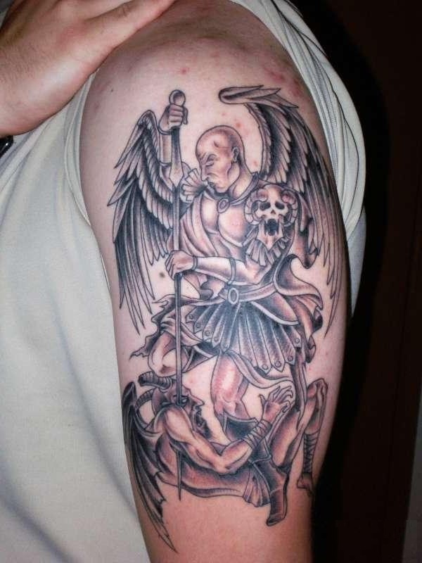 Black & Grey Ink Protector Guardian Angel Fighting Evil Tattoo On Half Sleeve