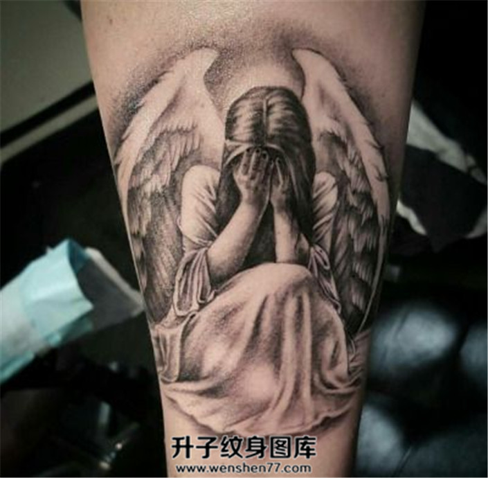 Black & Grey Ink Shaded Sad Girl Angel Tattoo On Forearm
