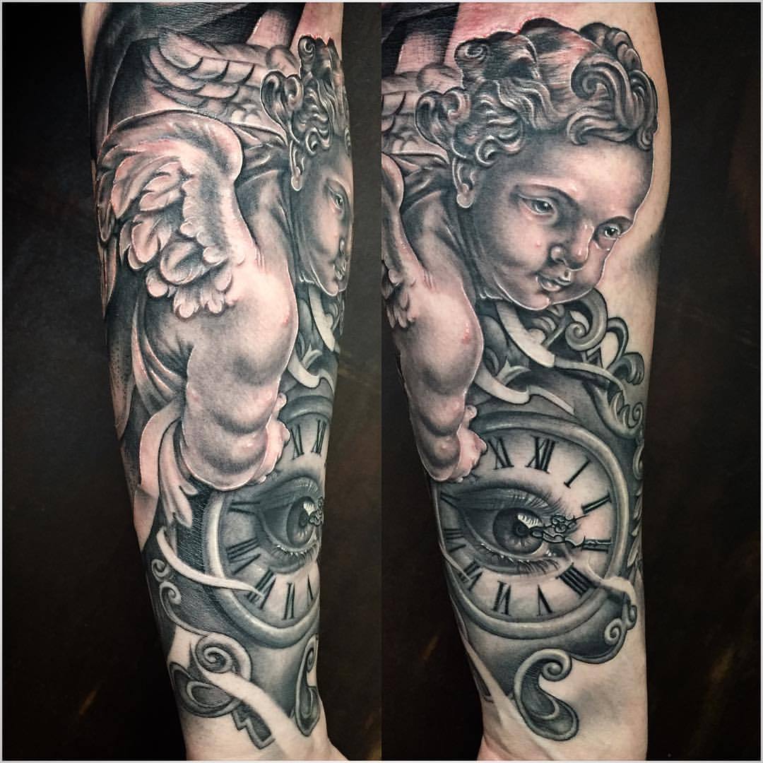Black & Grey Realistic Cherub & Clock Tattoo On Sleeve