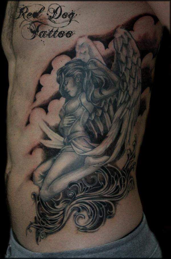 Black & Grey Shaded Female Angel Tattoo On Man Siderib By Red Dog Tattoo