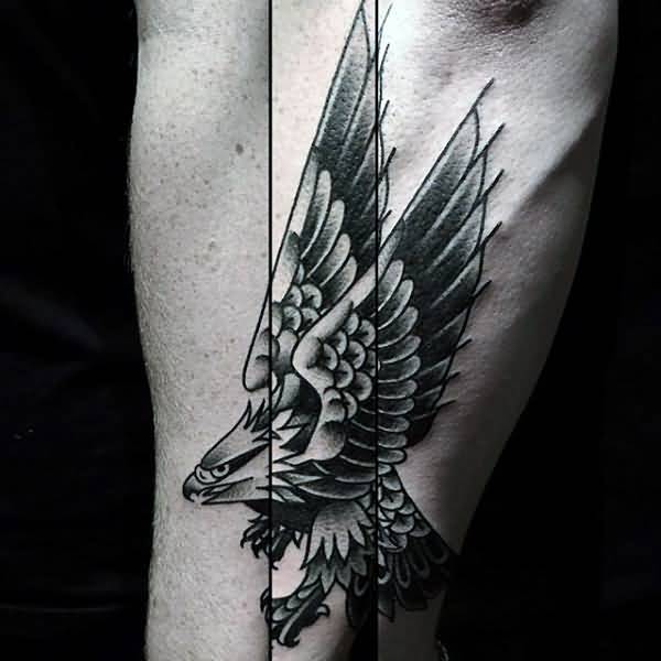 Black & Grey Traditional Flying Eagle Tattoo On Arm