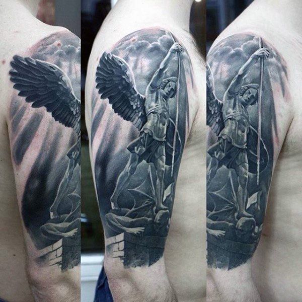 Black Ink 3D Guardian Angel Tattoo On Man Half Sleeve