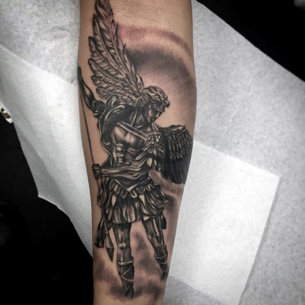 Black Ink Amazing Male Guardian Angel Tattoo On Forearm